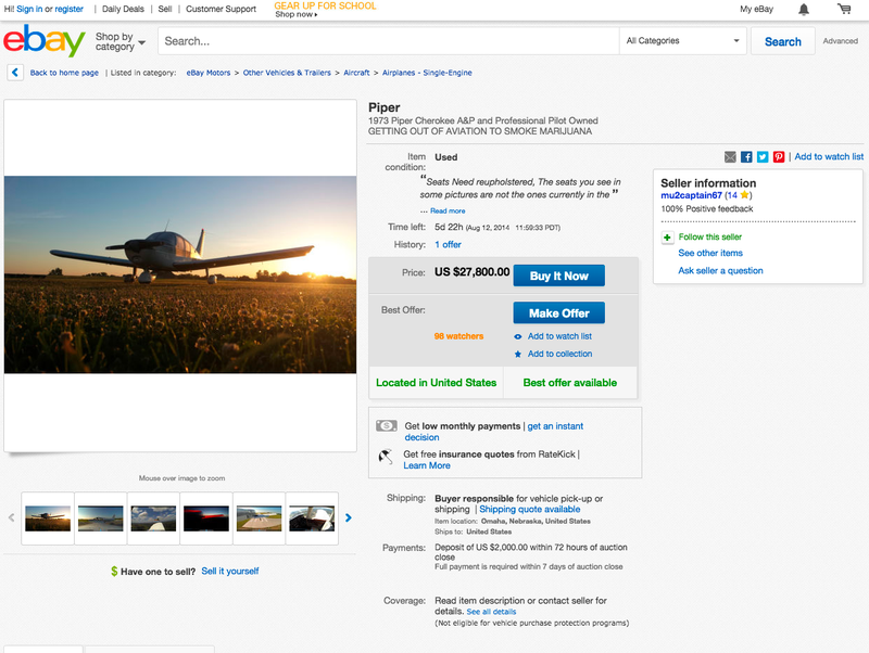 Illustration for article titled Pilot Selling Plane To Smoke Pot In Greatest Ebay Listing Ever